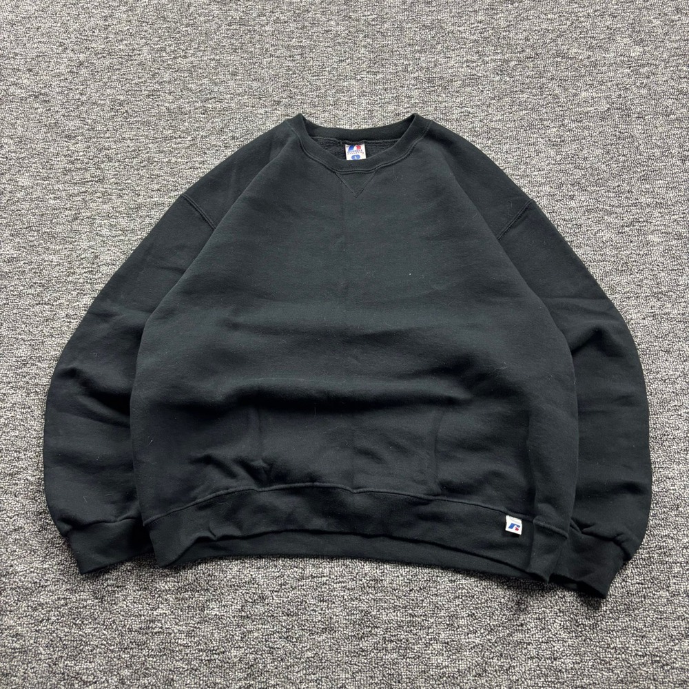 Y2K 2000s Russell Athletic Black  Blank Crewneck Sweatshirt Size Large